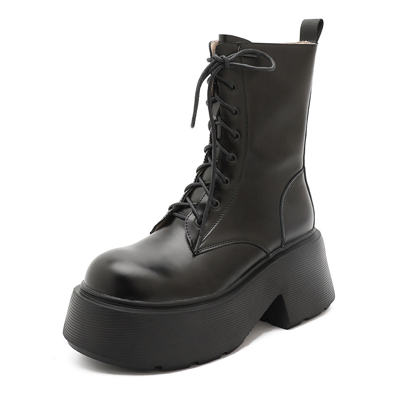 增高鞋新款女鞋粗跟厚底靴子真皮短靴系带马丁靴松糕跟机车靴短筒,淘宝优惠券,粉丝福利购,淘宝优惠卷
