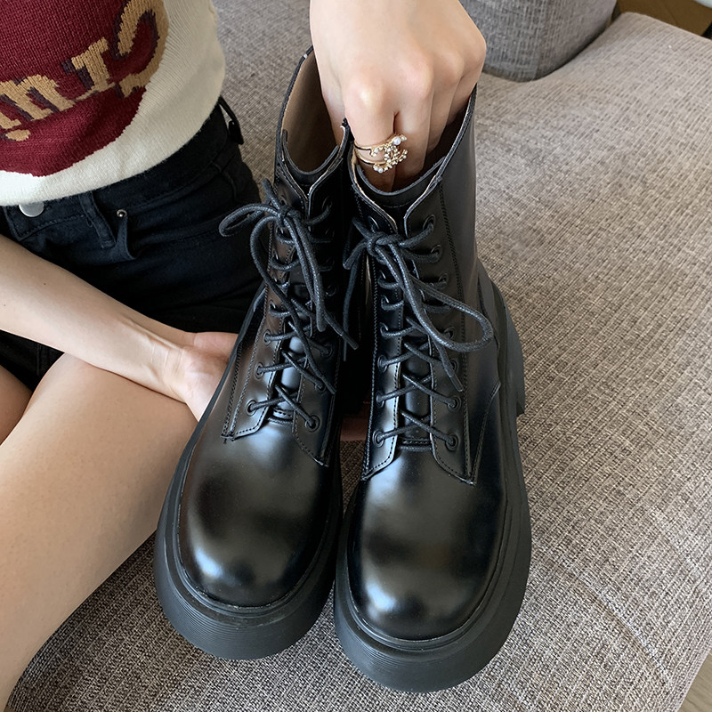 增高鞋新款女鞋粗跟厚底靴子真皮短靴系带马丁靴松糕跟机车靴短筒,淘宝优惠券,粉丝福利购,淘宝优惠卷
