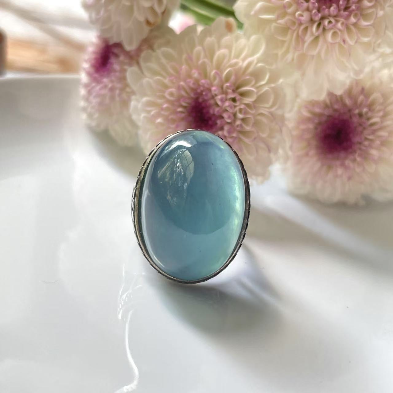 Collection of unique items, Gaohuotongtai, S925 sterling silver inlaid with gold, sun white crystal, amethyst, ocean blue colored gemstone ring