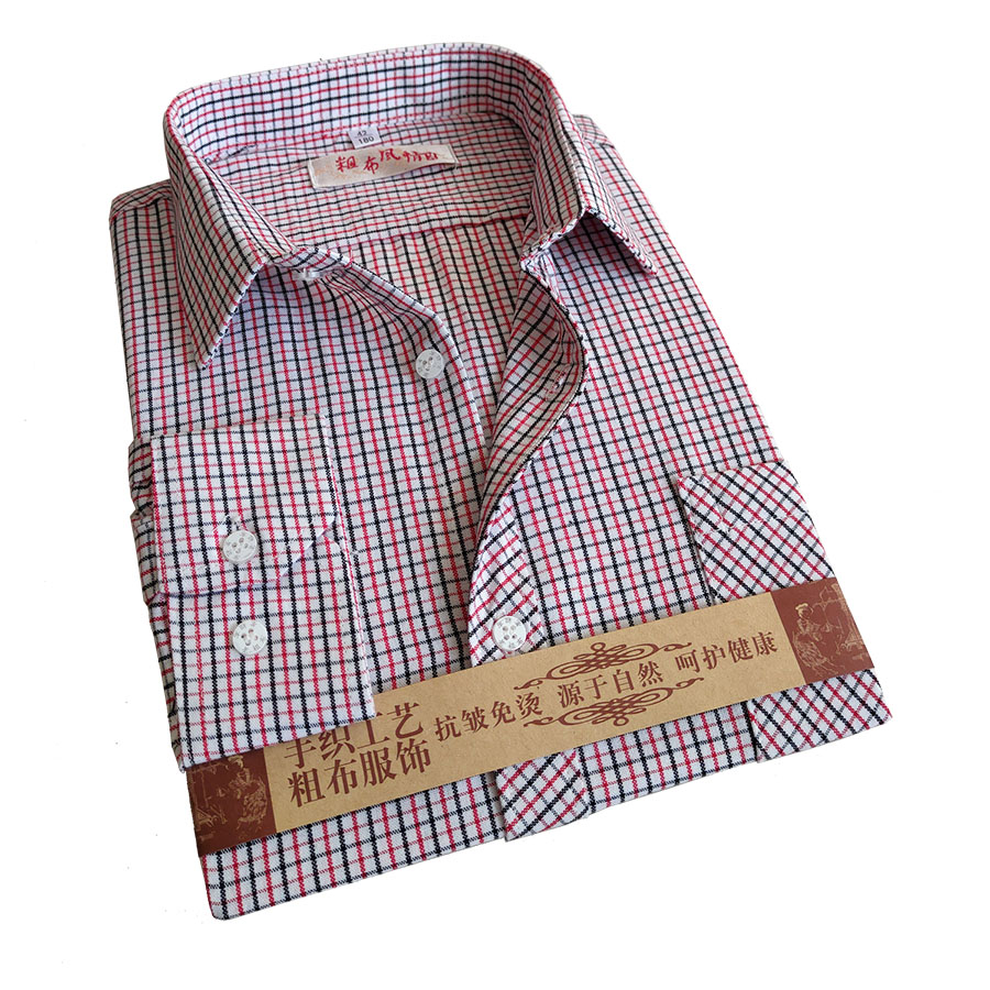 新款纯棉老粗布男士长袖衬衫格子上衣男款中年休闲百搭衬衣 - 图1
