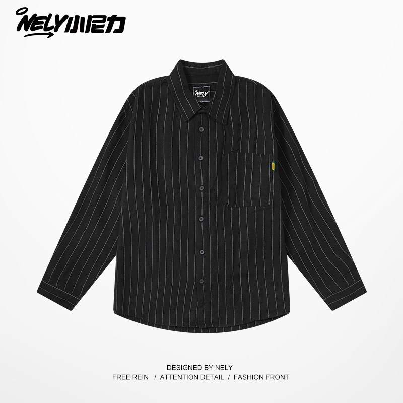 小尼力日系复古竖条纹长袖衬衫男秋季潮牌宽松情侣休闲衬衣外套,淘宝优惠券,粉丝福利购,淘宝优惠卷