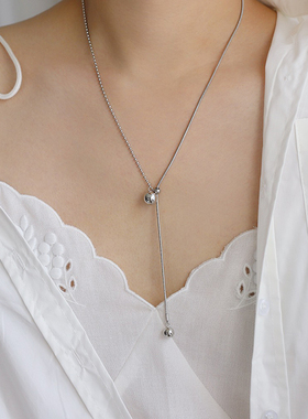 GGW 极简设计初秋抽拉金属球钛钢毛衣链 可活动长款圆珠流苏项链