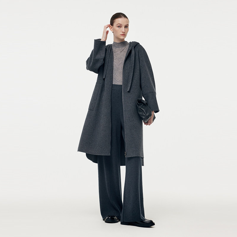 首降|歌莉娅灰色全羊毛大衣女冬季连帽拉链双面毛呢中长款外套,淘宝优惠券,粉丝福利购,淘宝优惠卷