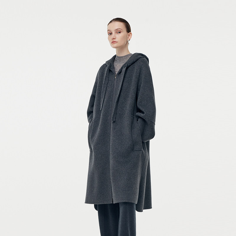 首降|歌莉娅灰色全羊毛大衣女冬季连帽拉链双面毛呢中长款外套,淘宝优惠券,粉丝福利购,淘宝优惠卷