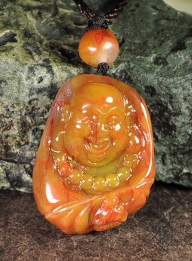 辽宁朝阳天然北票战国红缟玛瑙弥勒佛公蝙蝠挂件吊坠手雕件毛衣链