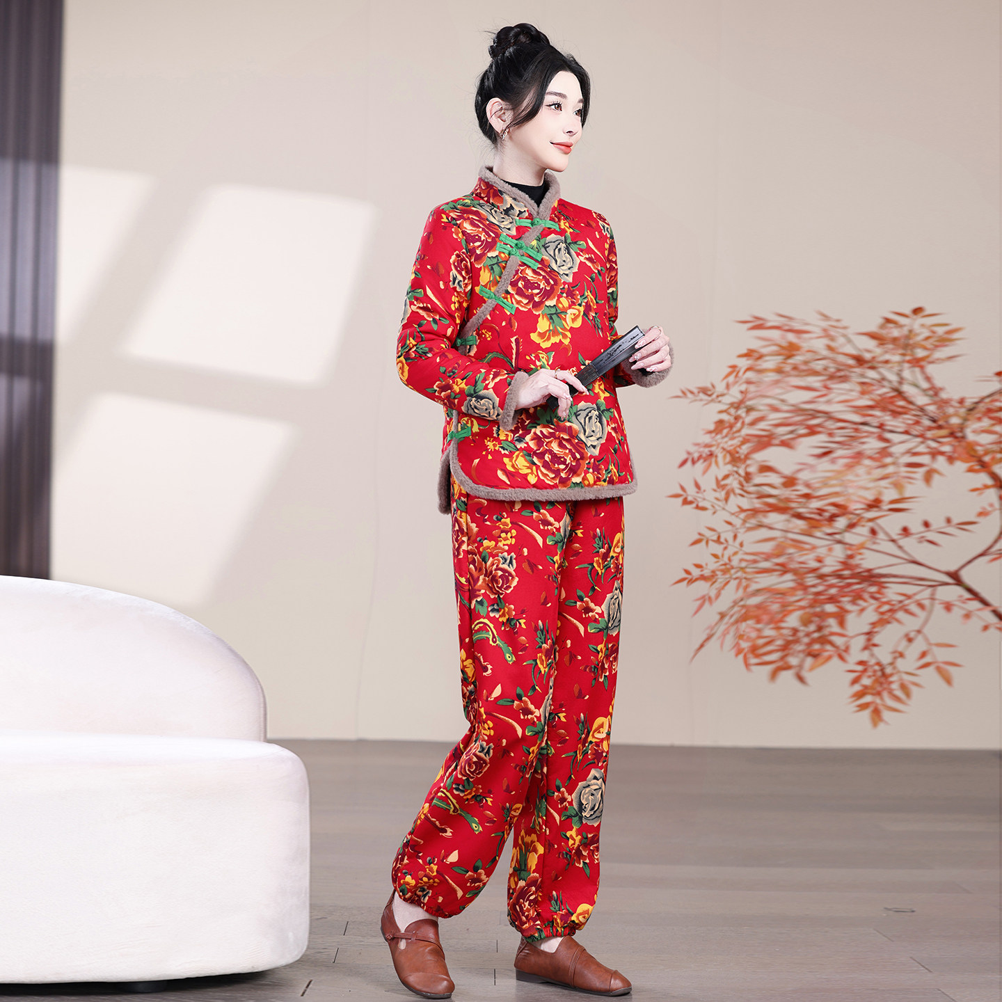 东北大花加绒套装女式长袖改良版旗袍领保暖棉服民族风棉裤两件套,淘宝优惠券,粉丝福利购,淘宝优惠卷