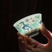 South Court Narrative Fish Algae Tattooed Green Flowers Hops Colorful two only cover bowls tea cup Jingdezhen Full hand hand-painted traditional retro