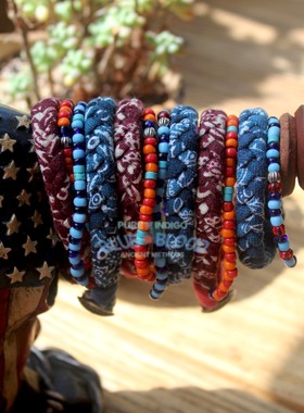 手作菊花扣手链古布琉璃银珠复古