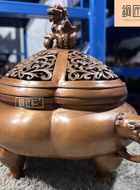 热销紫铜狮钮海棠形四足熏炉摆件铜摆设家用室内客厅玄关办公熏香