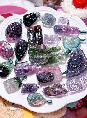 中国风吉祥雕刻稀有珍藏品蓝紫色系天然西瓜碧玺吊坠紫碧玺蓝碧玺