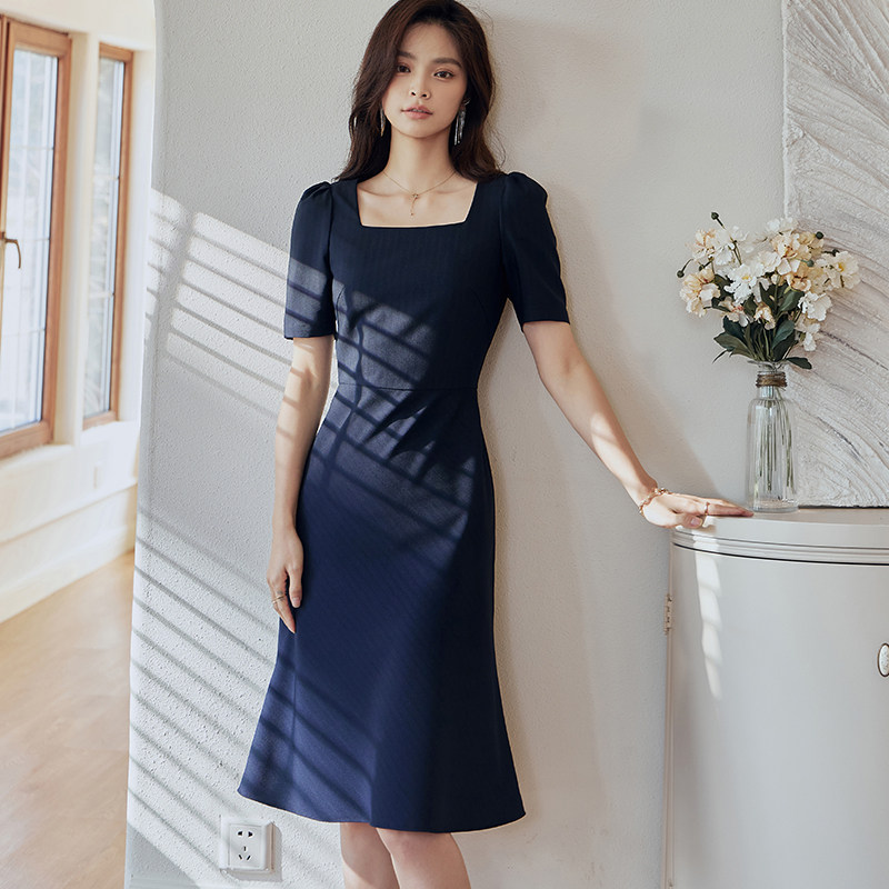 罗衣知性深蓝色泡泡袖女2022连衣裙 罗衣连衣裙