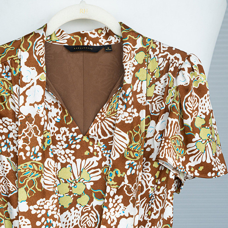 罗衣复古系带领缎面泡泡袖连衣裙女春气质收腰显瘦印花裙子08509,淘宝优惠券,粉丝福利购,淘宝优惠卷