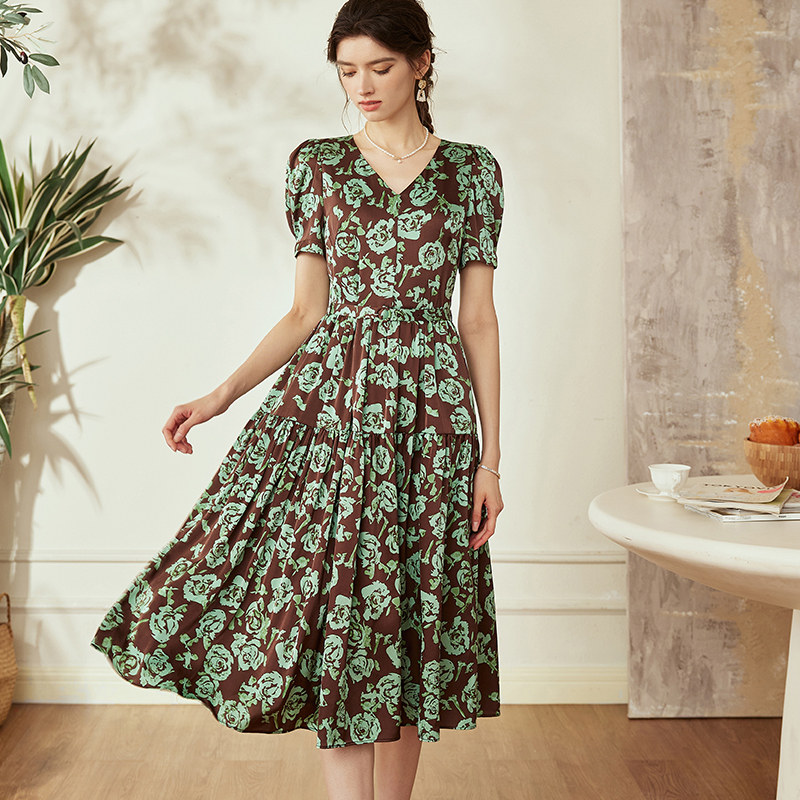 罗衣复古印花缎面连衣裙2025夏装新款气质大摆泡泡袖中长裙08508,淘宝优惠券,粉丝福利购,淘宝优惠卷