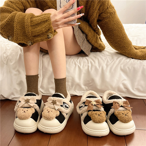 可爱少女心蝴蝶结小熊棉鞋女2024冬季新款外穿厚底家居保暖雪地靴 - 图1