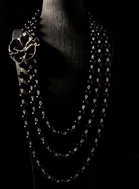 vintage中古白色珐琅胸针琉璃串珠多层山茶花朵重工项链毛衣链女