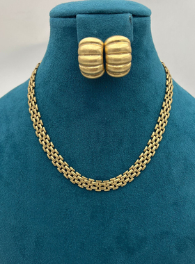 中古Vintage法国回流款编制黄铜锁骨项链珠宝扣头百搭素金项链