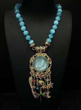 中古vintage月光睡梦天使人脸项链KF复古翅膀爱心星星月亮流苏