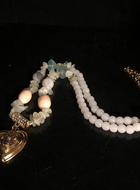 中古饰品小众精致浪漫爱心吊坠碎石琉璃串珠项链复古百搭毛衣链女