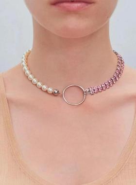 欧美甜酷千禧风珍珠粉钻锁链简约Y2K拼接时尚气质锁骨链设计感