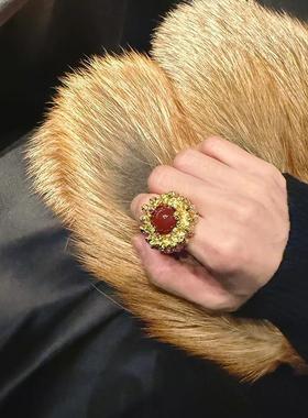 PS家LI*红玛瑙戒指小众复古设计感立体开口镶嵌红玛瑙戒指可调节