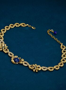 青岛中古宫廷风项链铜镀复古浮雕树叶水钻深蓝色石花朵毛衣链