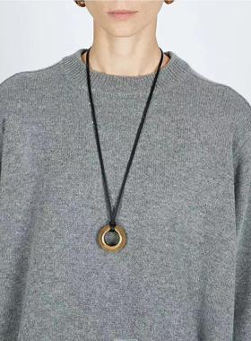 复古及简奢感铜镀古银毛衣链进口牛皮包芯可调节双绳光轮吊坠项链