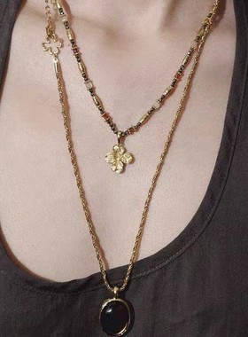 护身符系列双面石四叶草一款多戴项链百搭复古轻奢毛衣链金色双色