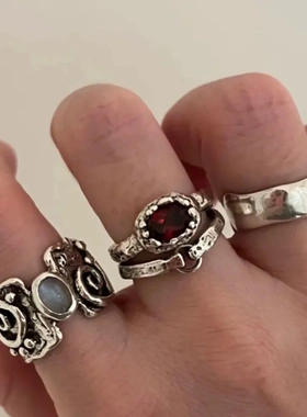 韩国小众ChildStella同款红宝石戒指复古做旧银色百搭叠戴手工指