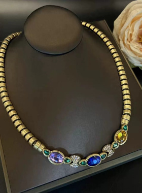 复古Vintage镀金几何图案琉璃颈项链时尚轻奢ins风高级感耳环套装