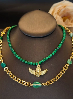 绿色孔雀石串珠浮雕立体天使吊坠绿玛瑙项链复古时尚气质饰品