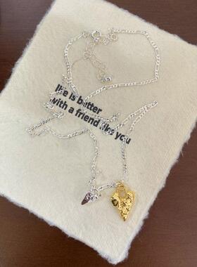 Kimzistudio同款复古金银撞色爱心项链小众设计手工纹理长毛衣链