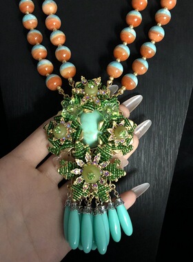 欧美复古夸张中古重工毛衣链流苏耳夹项链吊坠 双层项链耳饰配饰