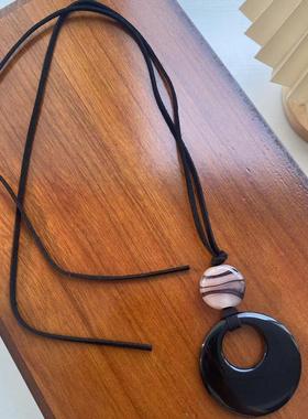 天然黑玛瑙石黑绳项链长款吊坠新中式设计感夏季新款配饰品女