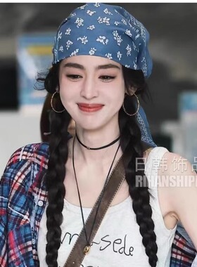 娜扎同款蓝色飘带花绑发头发丝巾发带时尚发饰女头带扎头巾高级感