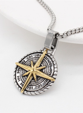 时尚钛钢项链  欧美朋克复古十字指南针圆牌吊坠男士钛钢项链