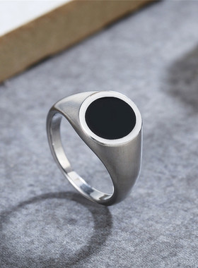 时尚钛钢男款戒指时尚简约ins冷淡风椭圆黑滴油钛钢戒指指环