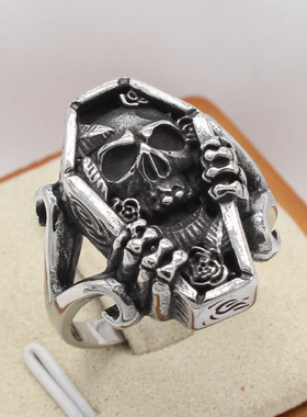 时尚钛钢男款戒指 欧美个性复古骷髅头棺材钛钢戒指指环