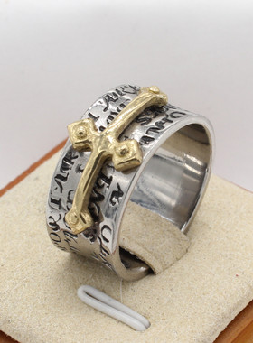 时尚钛钢男款戒指 欧美复古间金符文底立体十字架钛钢戒指指环