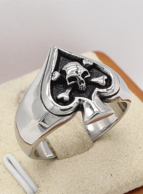 时尚钛钢男款戒指 欧美个性复古黑桃鬼魔术男骷髅头钛钢戒指指环