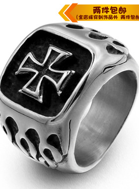 朋克风火焰十字架钛钢戒指
