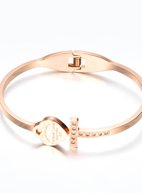 时尚风钛钢玫瑰金镶钻手环