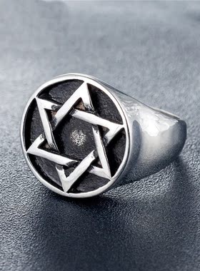 时尚钛钢男款戒指 欧美朋克复古六芒星戒指星星钛钢戒指潮男指环