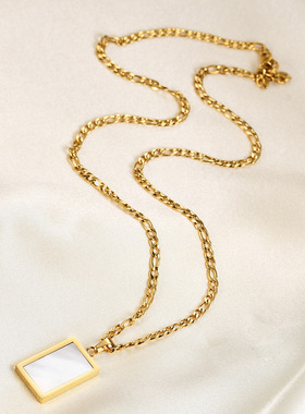 时尚钛钢项链简约时尚15MM新款长方形孔雀石玛瑙贝壳吊坠钛钢项链