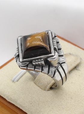 时尚钛钢男女戒指 欧美复古条纹形指环镶嵌菱形宝石钛钢戒指指环