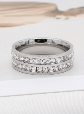 时尚钛钢女式戒指  时尚韩版Ins风两层钻戒 闪钻钛钢戒指指环