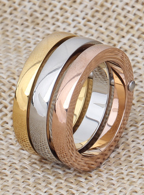 时尚钛钢男女通用款戒指  光面三环三色男女钛钢戒指指环