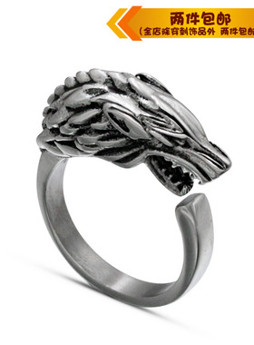 钛钢霸气风男士狼头动物开口戒指