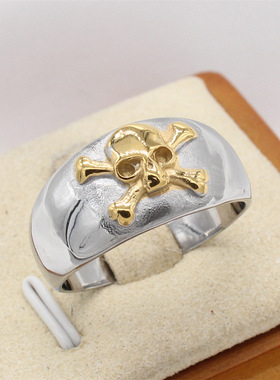 时尚钛钢男款戒指 欧美复古间金交叉骨头小骷髅头钛钢戒指指环