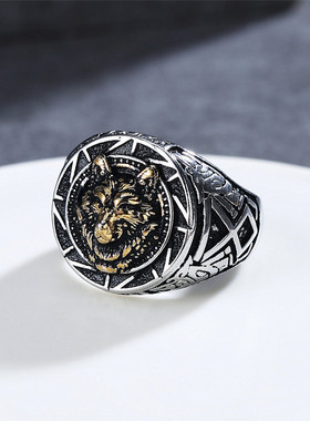 时尚钛钢男款戒指 欧美风个性复古北欧冰原狼霸气间金戒指指环