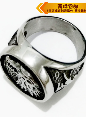 欧美风复古狼头圆形钛钢戒指